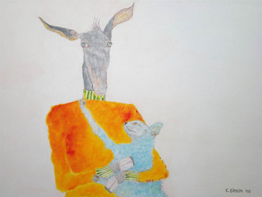 „Esel mit Katze“ 2008 Eitempera, Öl auf Holz, 70x100 cm —sold—