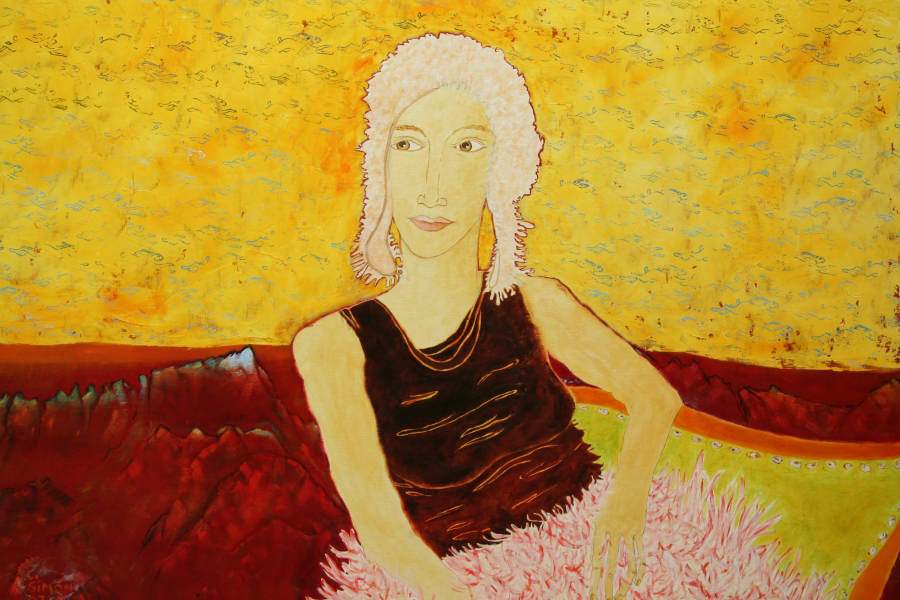 „Frau im Hasenhimmel“ 2008 Eitempera, Öl auf Schablonenpapier, 70x100 cm —sold—