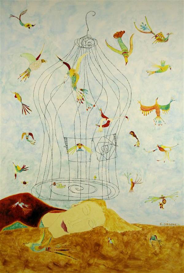 „Vogelkäfig“ 2006 Eitempera, Öl auf Schablonenpapier, 100x70 cm —sold—