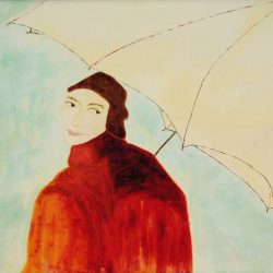„Frau mit Schirm“ 2004 Eitempera, Öl auf Schablonenpapier, 70x100 cm —sold—