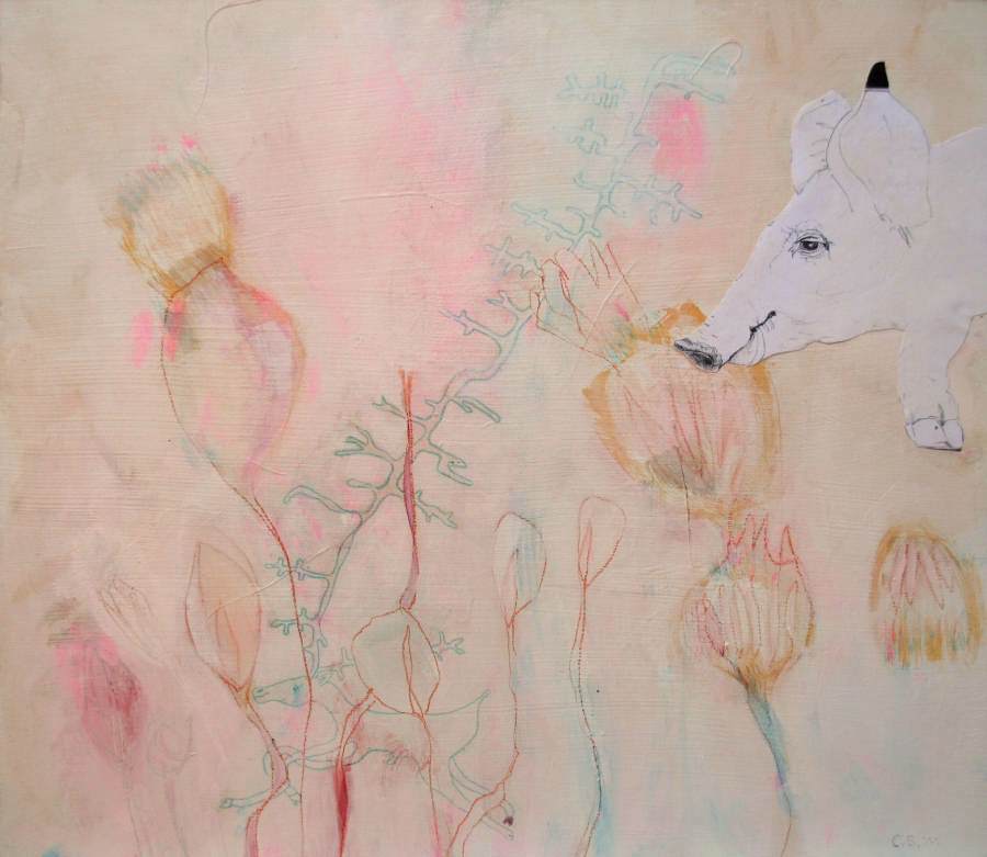 „Schwein allein“ 2011 Eitempera, Buntstift, Collage auf Holz, 28x31 cm